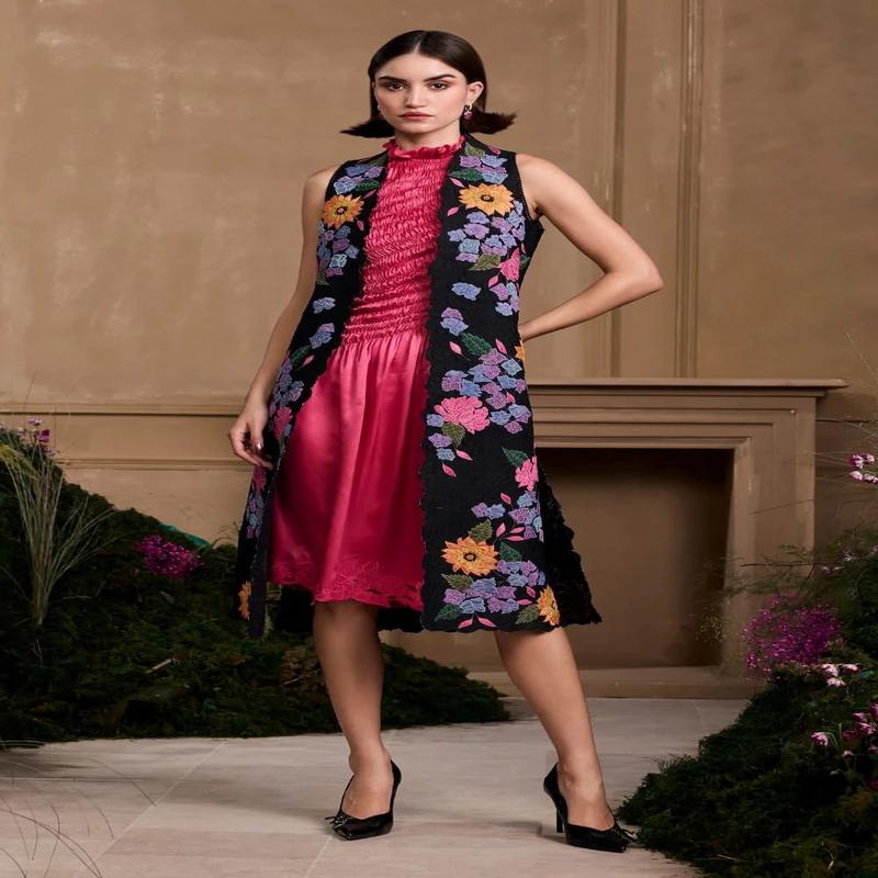 Hydrangea Patterned Jacket Black Hydrangea Applique And Quilted Long Jacket | Jackets ...